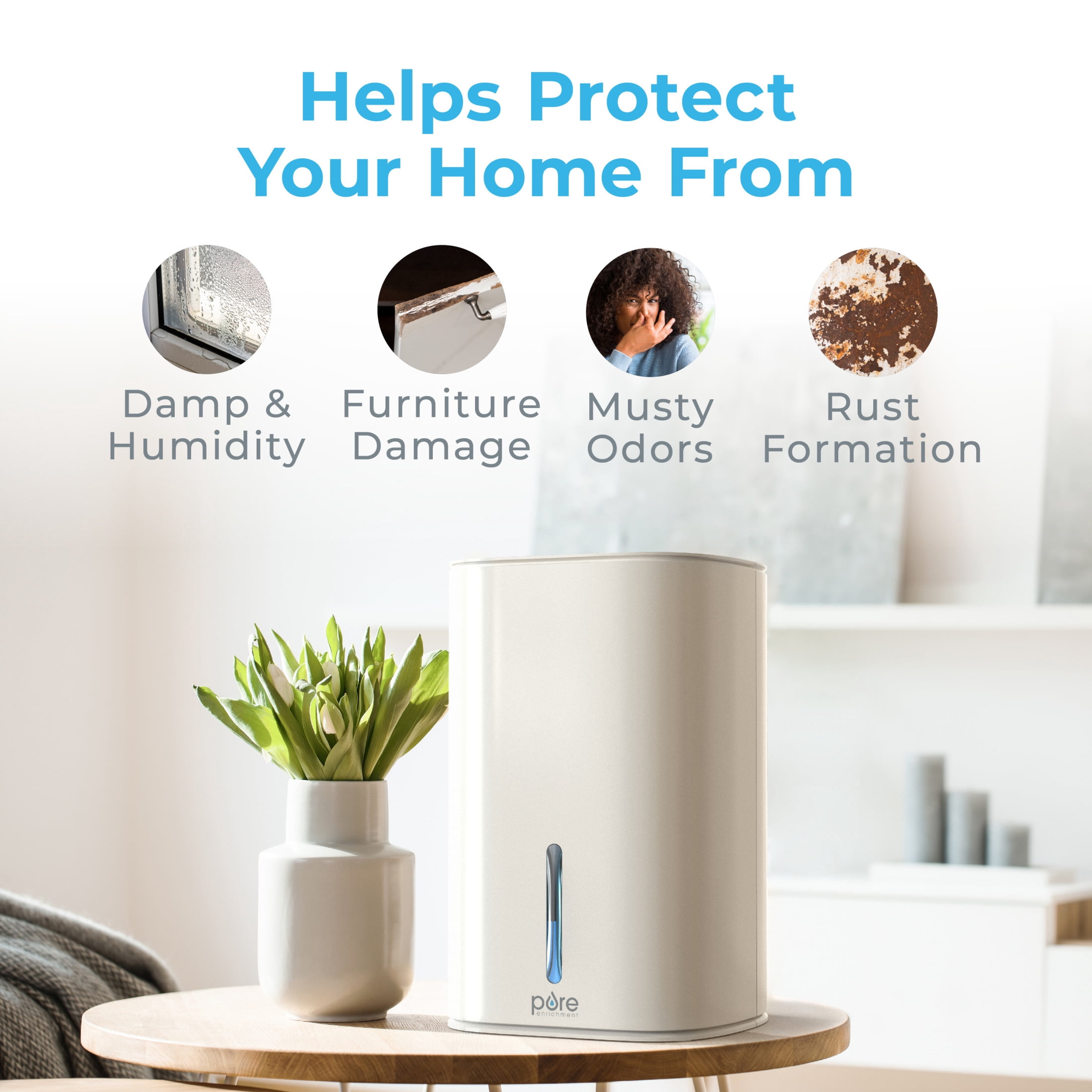 Pure Enrichment PureDry Mini Dehumidifier -  27oz Compact Water Tank Eliminates 300ml/day of Excess Moisture from Closets, Bathrooms, Boats, Kitchens, and Other Small Rooms and Living Spaces