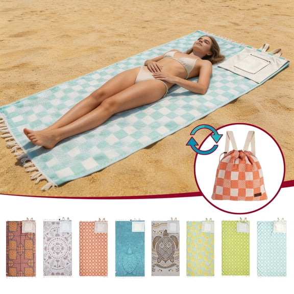 Lksixu 2 in 1 Convertible Beach Towel & Backpack, Vintage Turkish Microfiber Beach Towel with Inner Zip Pocket, Sand Free Quick Dry Bath Towel, Packable Beach Mat & Carry Bag for Pool Camping Travel