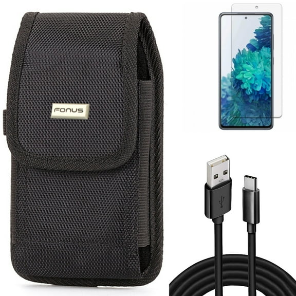 Screen Protector & 10ft USB Cable & Case Belt Clip for Samsung Galaxy S20 Fan Edition - Anti-Glare Tempered Glass   Type-C Charger Cord   Rugged Holster Combo