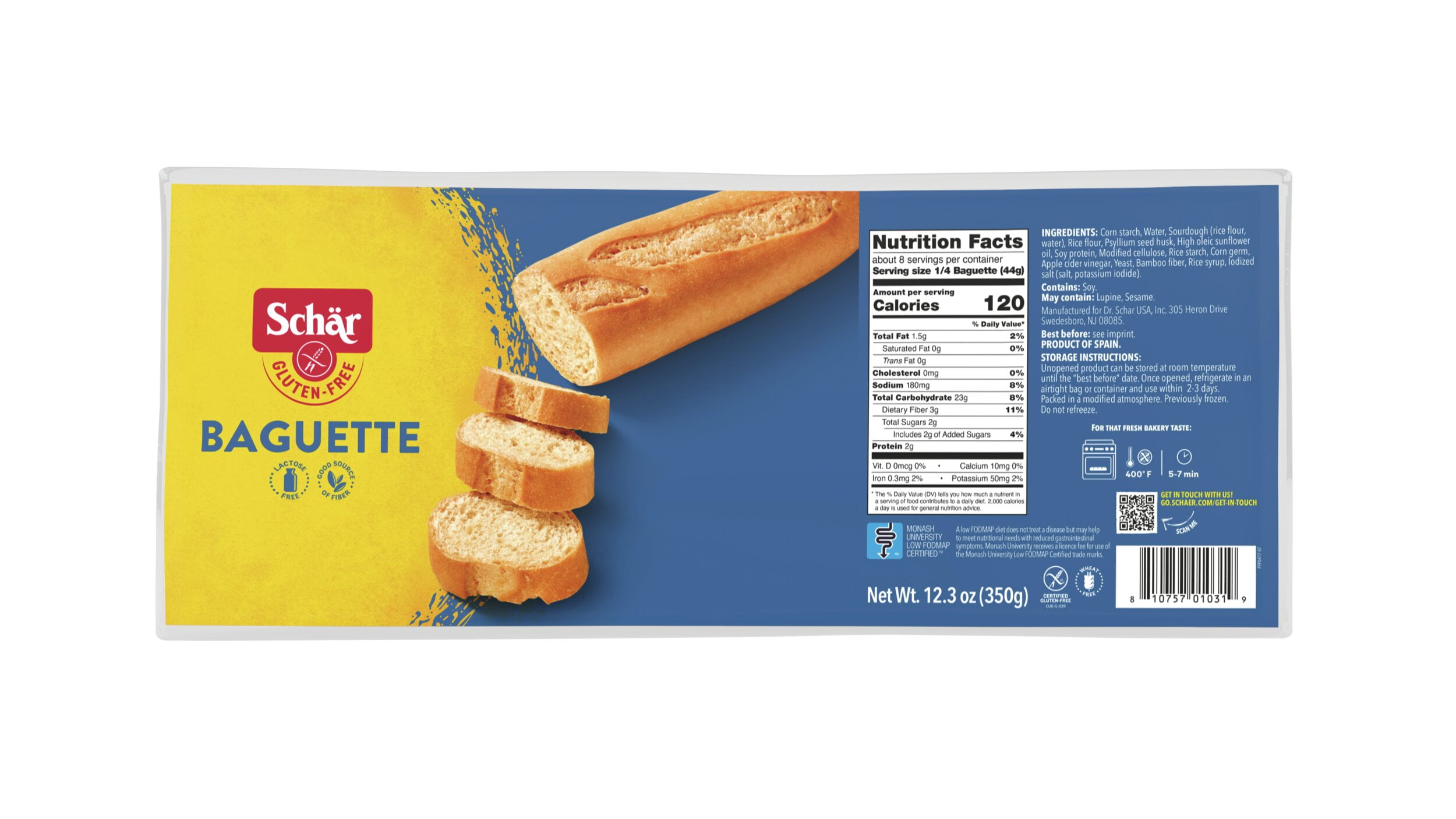 Schar Gluten Free Full Baguette French Bread Loaf, Regular, Shelf-Stable, 12.3 oz (2 Count)