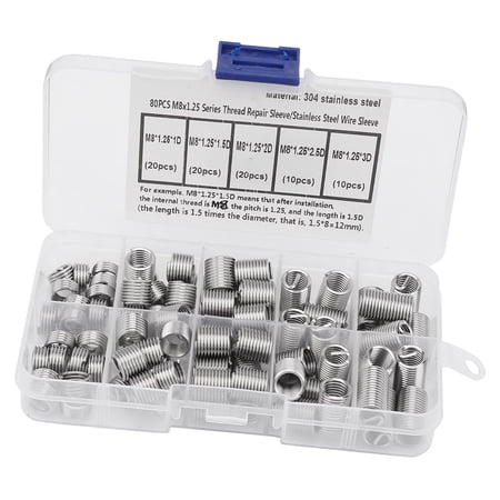 M Buder 80 PCS M8 x 1.25 Stainless Steel Coiled Wire Helical Screw Threaded Inserts Set, Thread Repair Kit for Automotive and Machine Parts, 304 Stainless Steel, Assorted Sizes 1D to 3D, Silver