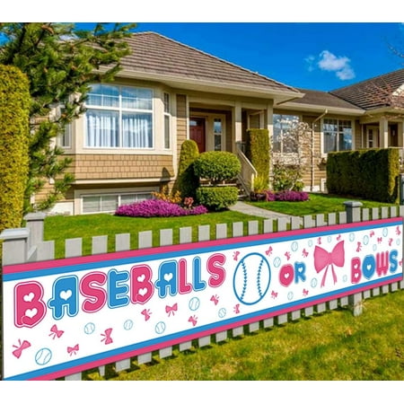 Gender Reveal Party Supplies Decorations, Large Baseballs or Bows Banner, Pink & Blue Gender Reveal Party Decorations