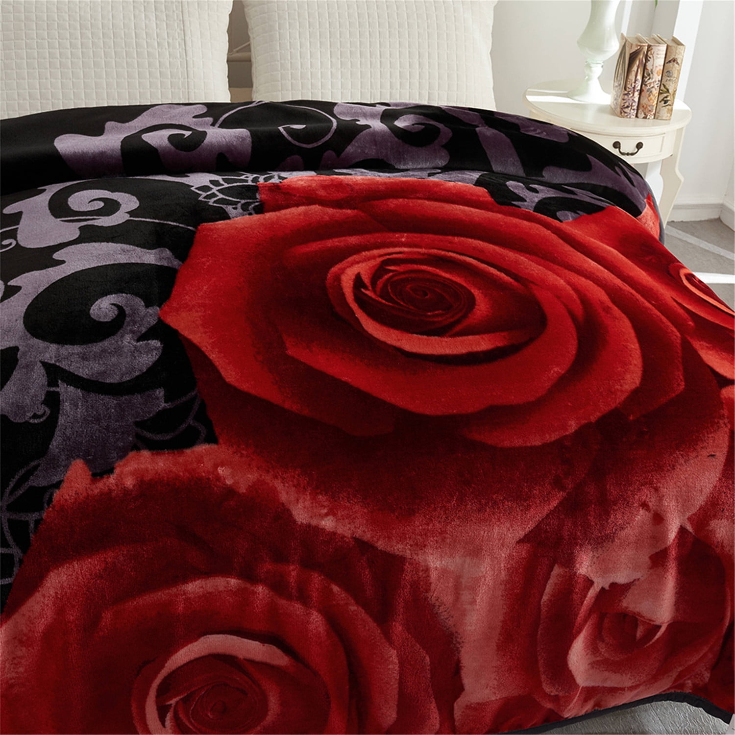 NC Plush Fleece Bed Blanket, Soft, Reversible Warm Blanket King 83"x93", Black Floral