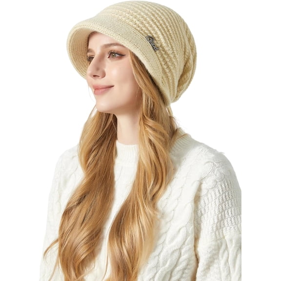 Womens Winter Hat Warm Knit Hat Slouchy Beanie Cap with Brim, Fleece Lined Ear Protection Beret Hat Newsboy Cap, Winter Gifts Outdoor Daily Adjustable 21.7 - 23.6 Inch