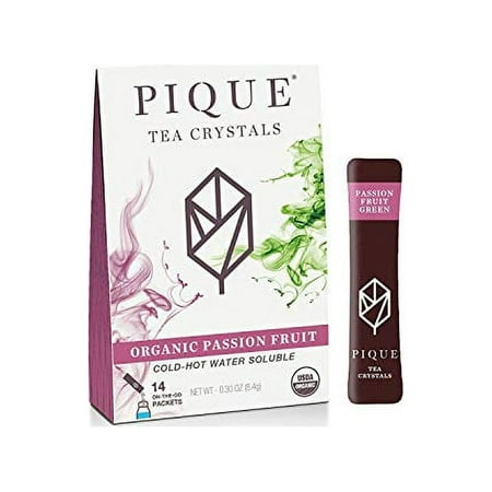 Pique Organic Passion Fruit Tea Crystals - Caffeinated Japanese Sencha Green Tea, Supports Gut Health, Antioxidants for Immune Support - 14 Single Serve Sticks (Pack of 1)