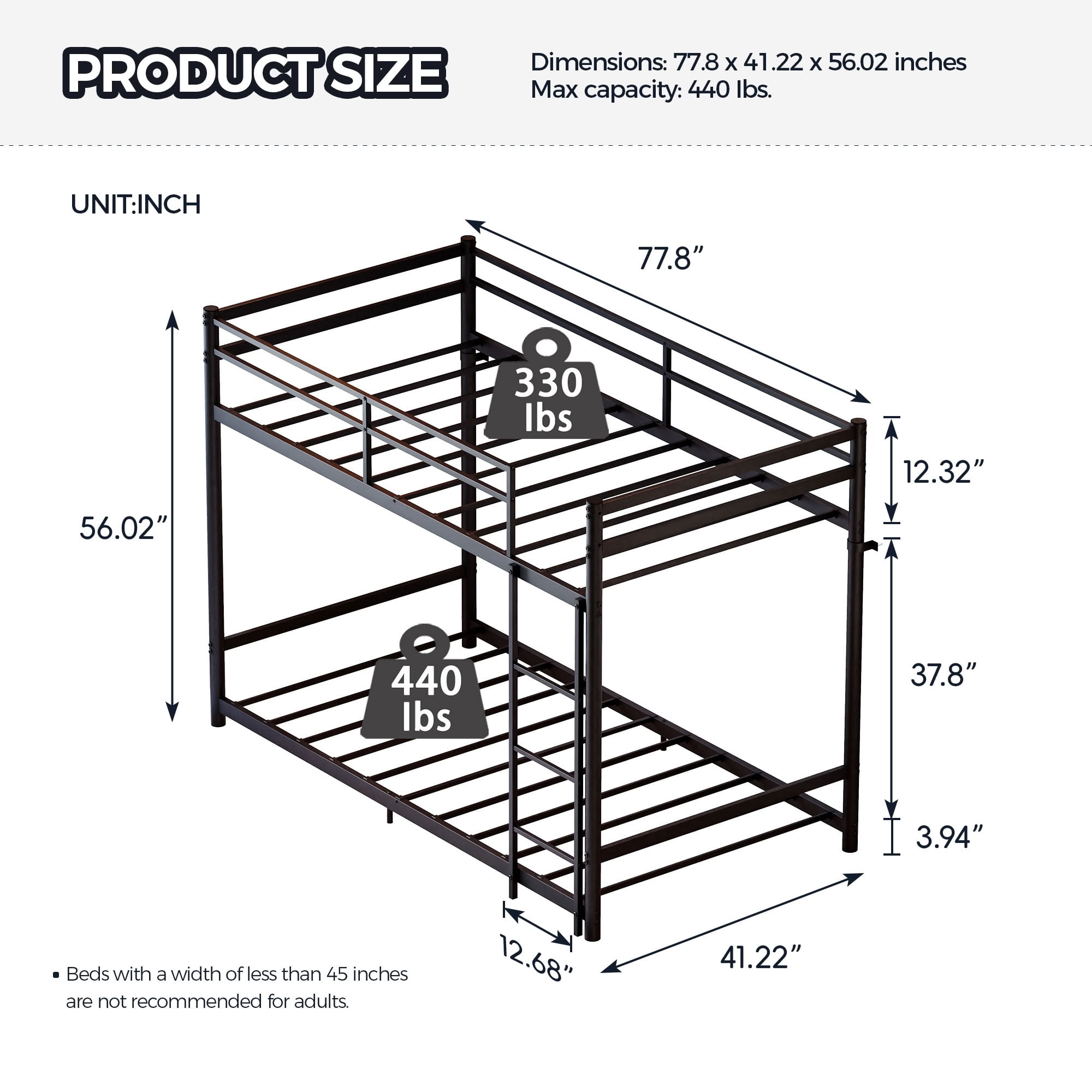 MAYEERTY Low Profile Metal Bunk Bed, Heavy Duty Twin Over Twin Bed Frame with Full-Length Guardrails, for Kids Teens Adults, Supports 330-440 lbs, No Box Spring Needed