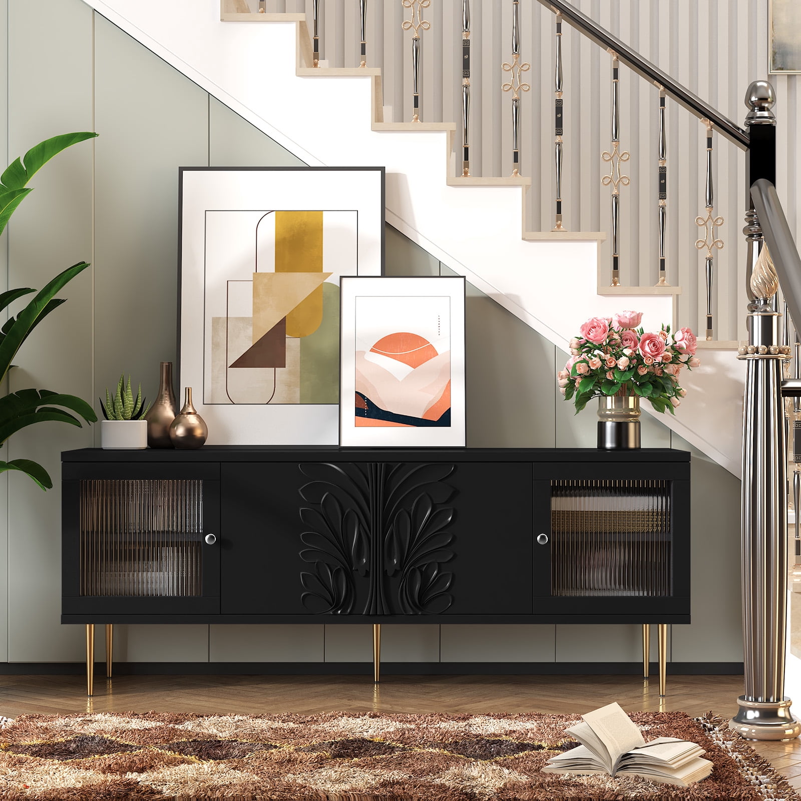 HLR 63" Modern Wood TV Stand with 3D Flower Pattern For TVs Up to 75", Entertainment Center with Storage, Black