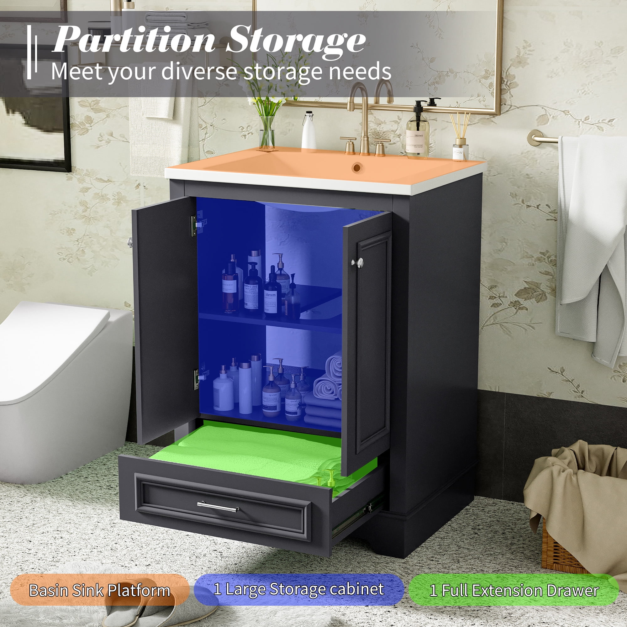 Euroco 24" Bathroom Vanity with Sink, Modern Bathroom Cabinet with Ceramic Basin & Adjustable Storage, Solid Wood Frame Vanity