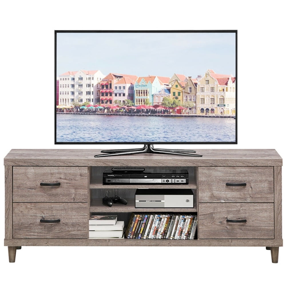 Finihen TV Stand, TV Cabinet, Retro Wooden TV Stand with 3 Open Shelves and 4 Drawers, Media Entertainment Center with Storage, for Living Room, Bedroom, Brown