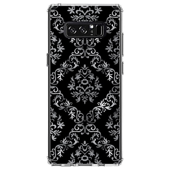 DistinctInk Clear Shockproof Hybrid Case for Samsung Galaxy Note 8 - TPU Bumper, Acrylic Back, Tempered Glass Screen Protector - Black White Silver Grey Damask - Floral Damask Pattern