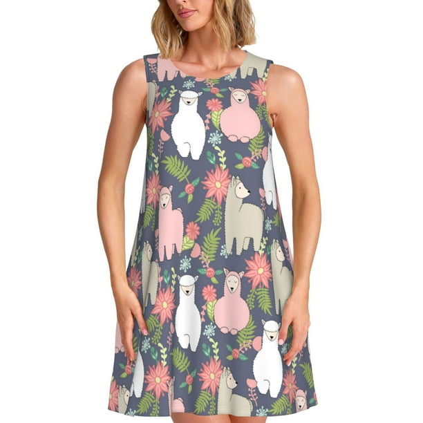 Balery Llamas Vestidos de verano para mujer con estampado: vestido holgado sin mangas, vestido playero informal y cómodo para días calurosos.