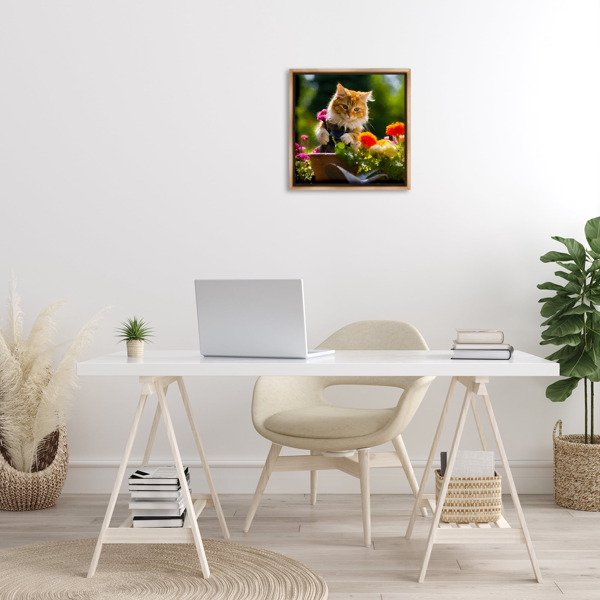 Stupell Industries Spring Gardener Kitten Animals & Insects Painting Brown Floater Framed Canvas Art Print Wall Art, 18 x 18