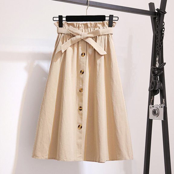 ERTUTUYI Women's Casual High Waist Pleated A-Line Solid Midi Skirt With Pockets Beige One Size