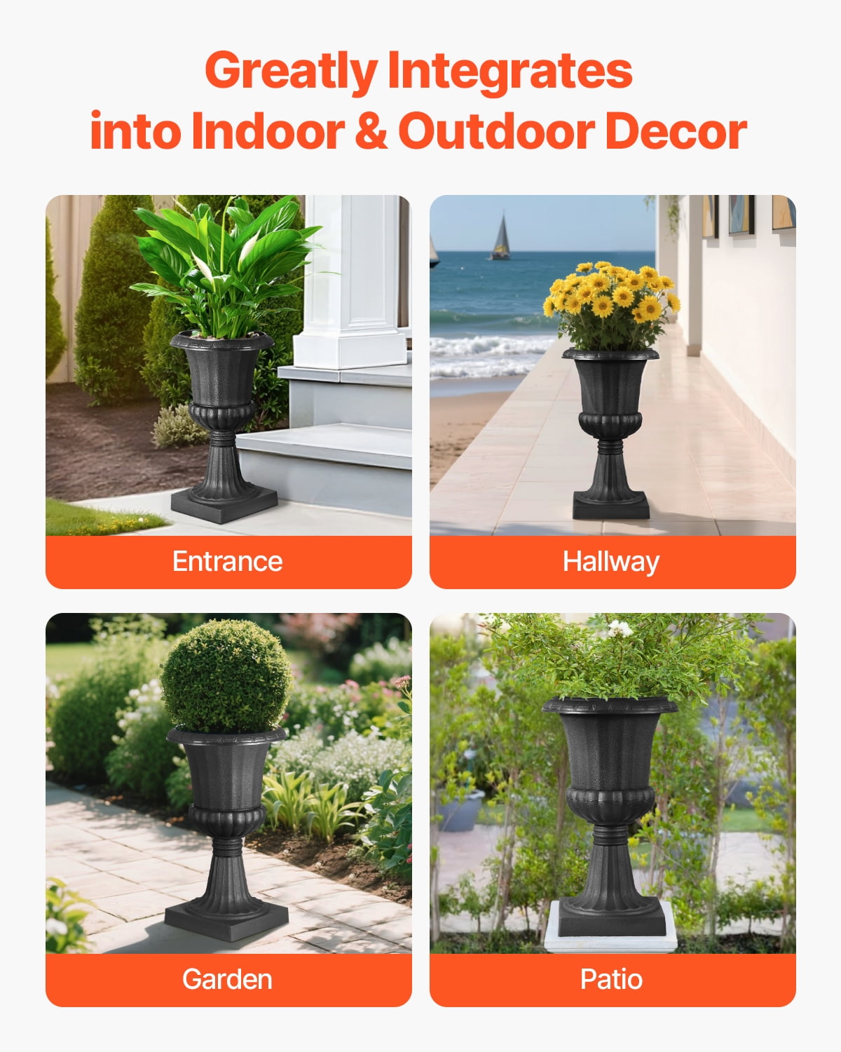 VEVOR 2 Pack Plastic Urn Planters 9.8 x 16.5 inch, Classic Flower Pots Front Porch Planters, Indoor & Outdoor Vase for Wedding, Party, Event, Home, Garden, Balcony, Patio Decoration (Black)