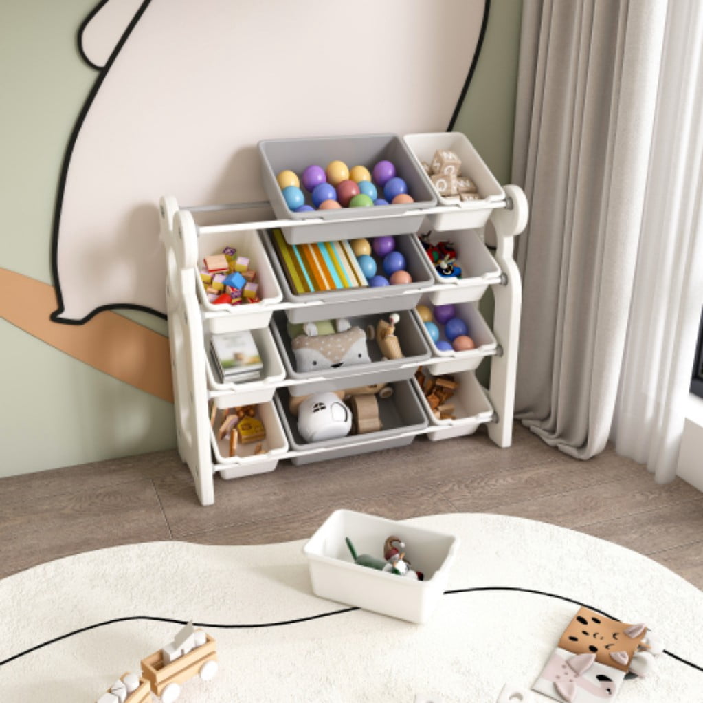 Kids Toy Storage Organizer with 12 Bins, Multifunctional Toy Storage Cabinet with HDPE Shelves, Nursery Organizer for Playroom, Bedroom & Living Room, Gray White