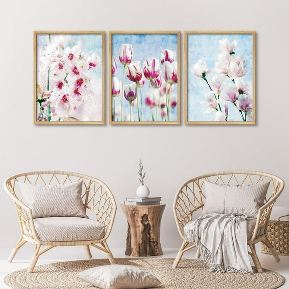 PixonSign Framed Wall Art White And Pink Garden Flowers Posters, Set of 3 Minimalist Boho Botanical Floral Illustrations Wall Decor, Adhesive Canvas Prints for Home Decor - 8"x10" Natural