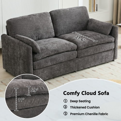 68.1 Inch Cozy Upholstered Loveseat Sofa with Double Cushion, Oversized Chenille Cloud Couch with Lumbar Pillow for Living Room, Grey