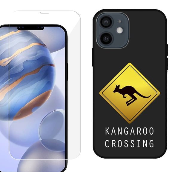 Slim-Fit Protective Phone Case (Black) compatible with iPhone 12 / iPhone 12 Pro, with Tempered Glass Screen Protector, by OneToughShield ® - Road Sign Kangaroo