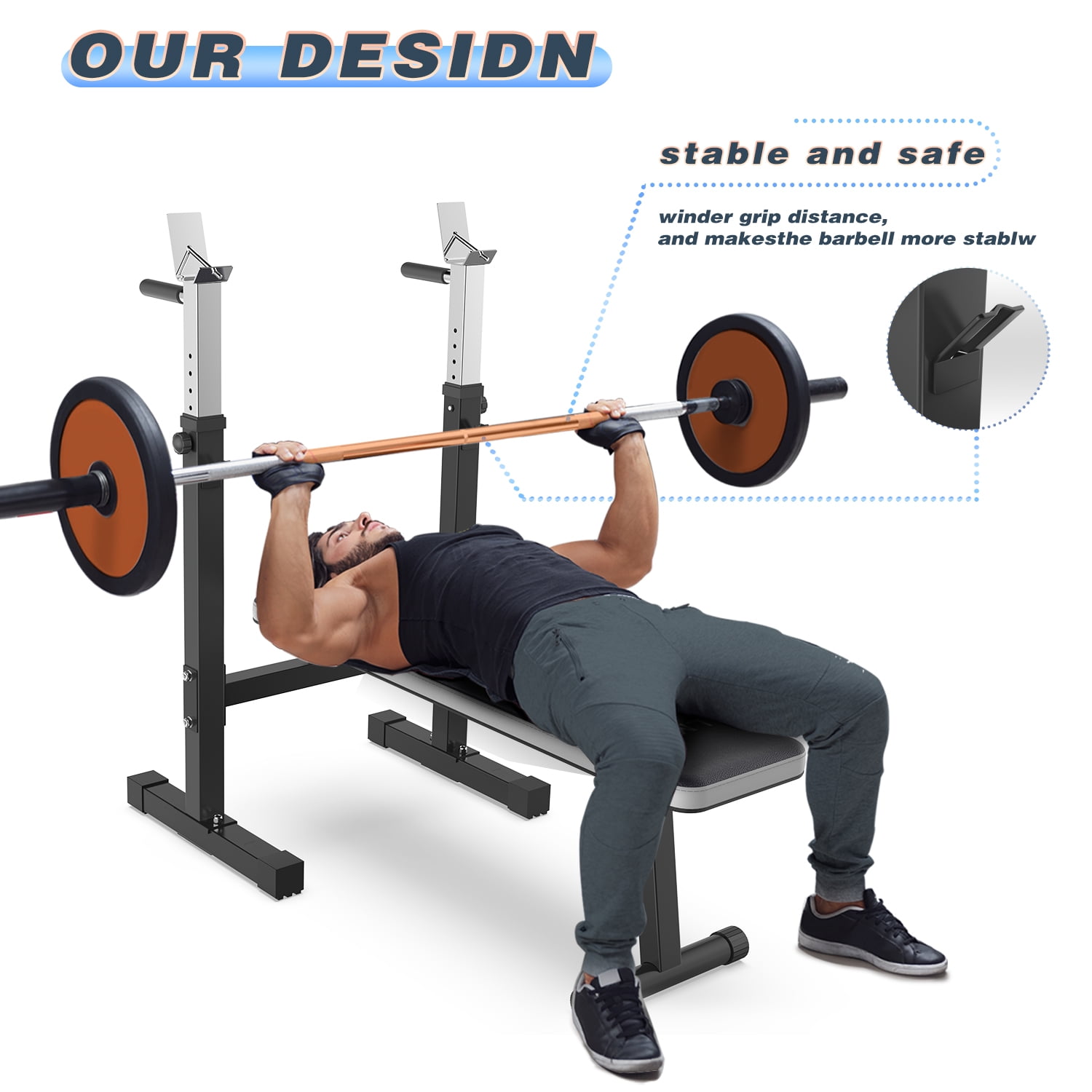 Lmdex Adjustable Weight Bench Press with Squat Rack & Folding Dip Station, Complete Home Gym Set with 150lbs Weight Plates and Olympic Curl Bar for Full Body Strength Training (Grey）