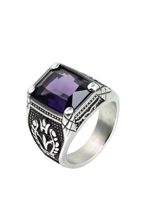 Men's Stainless Steel Vintage Gemstone Ring Engraved Flower Design Silver Plated, Purple Stone Size 13