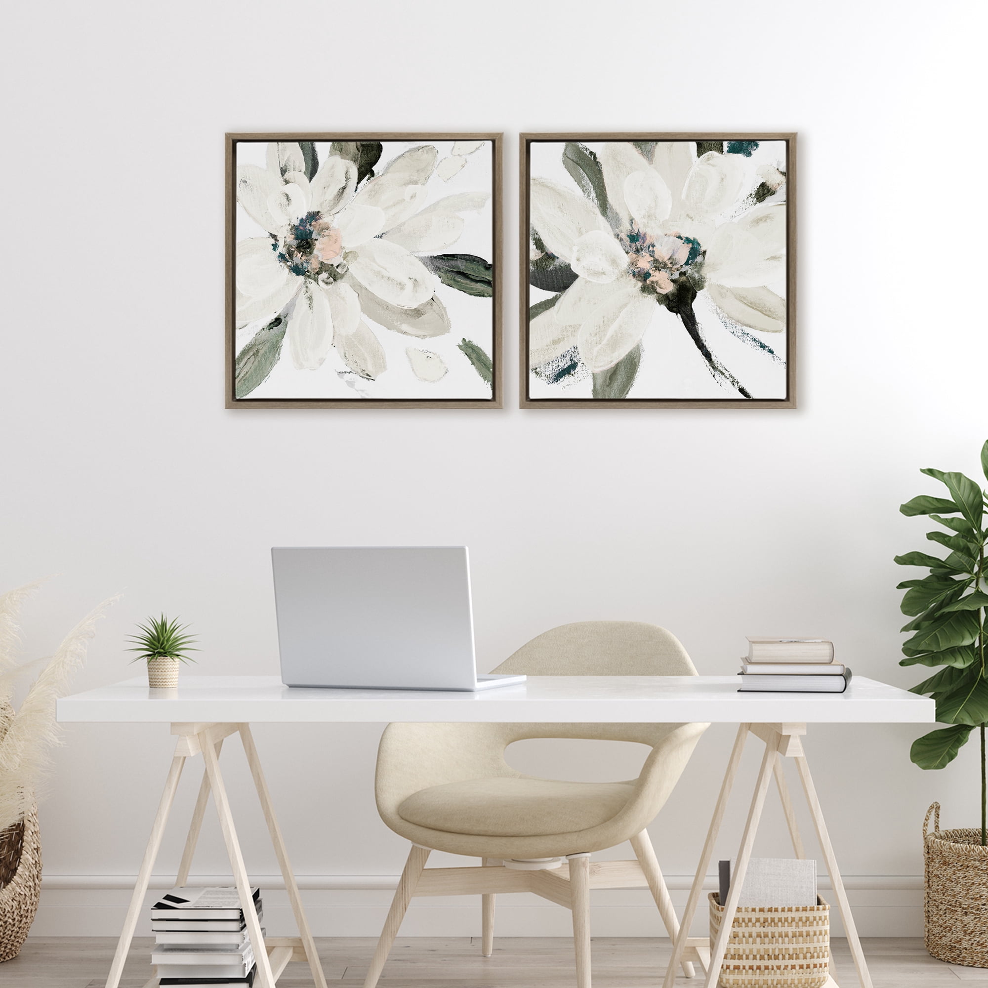 Stupell Industries Naturally Blooming White Flowers 2 Piece Brown Framed Floater Canvas Set, design by Lanie Loreth