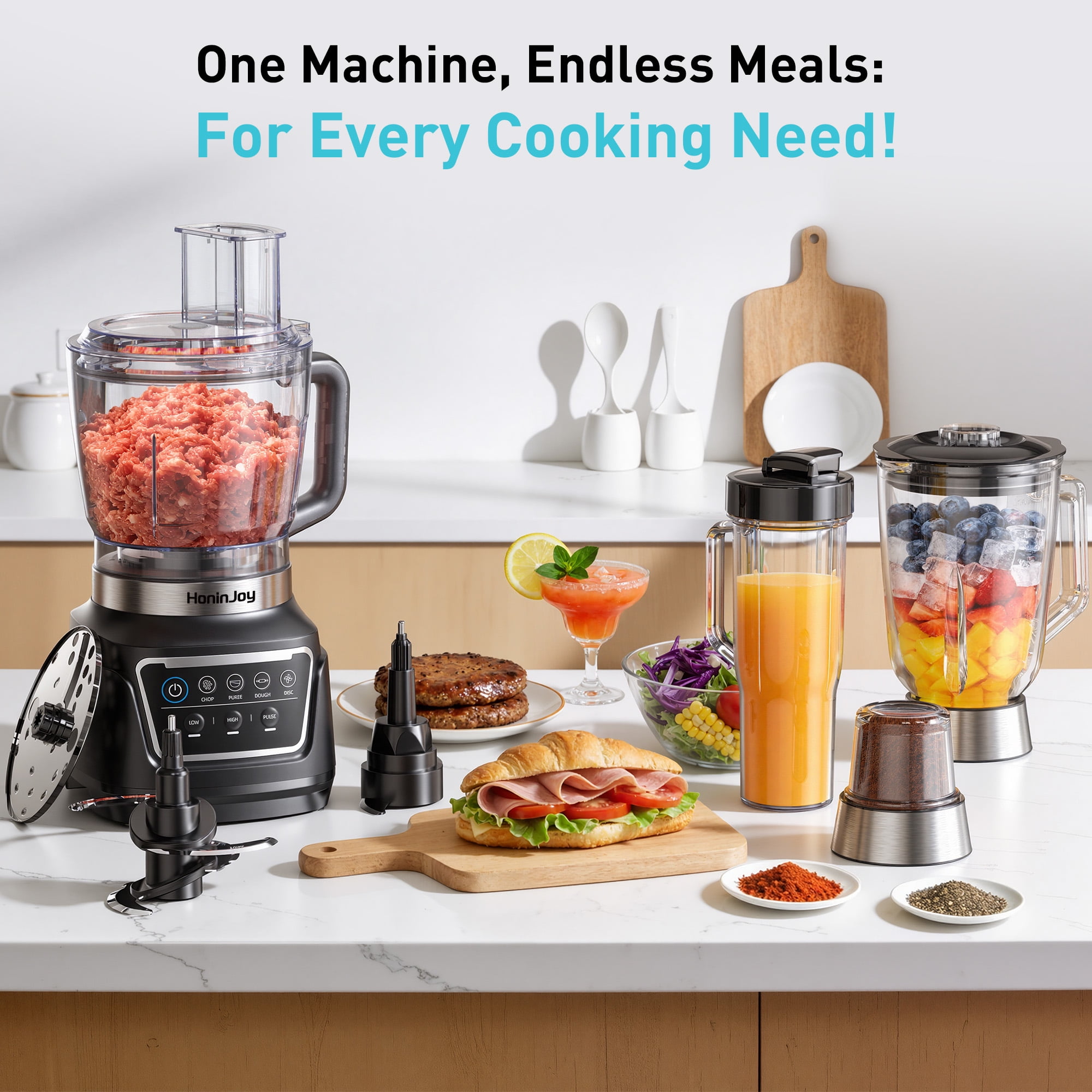HoninJoy All-in-One Blender & Food Processor, 4 Preset Auto-iQ Programs, Best for Smoothies,Cookie Dough, Salsas, Cole Slaw & More