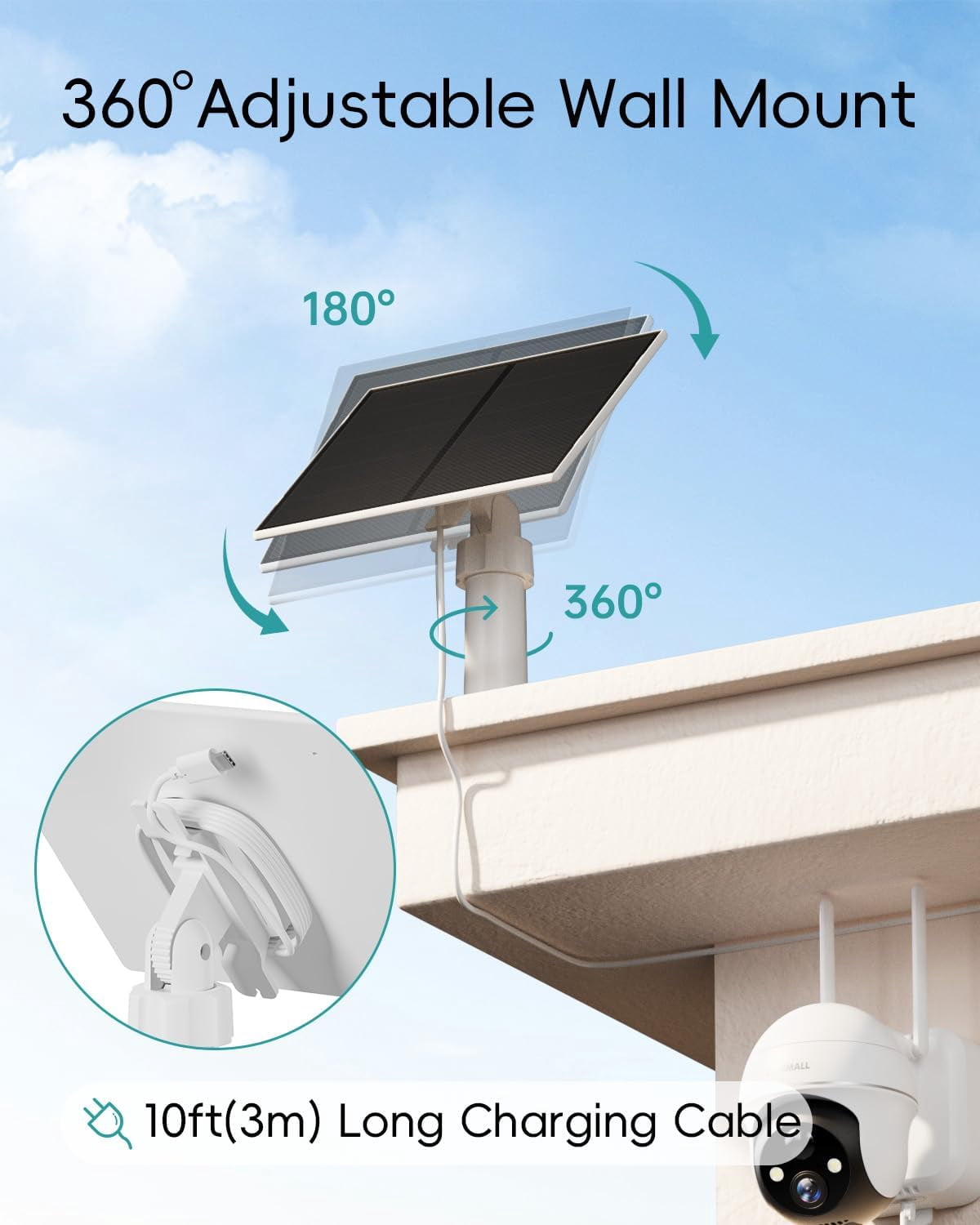 ZUMIMALL 5W Solar Panel for Security Cameras, IP66 Weatherproof, 360° Adjustable Bracket, 10ft Cable, Micro USB & Type-C Port,White