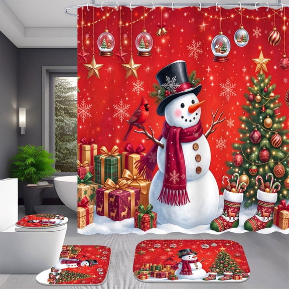 4 Piece Red Snowman Christmas Shower Curtain Set for Bathroom Decor
