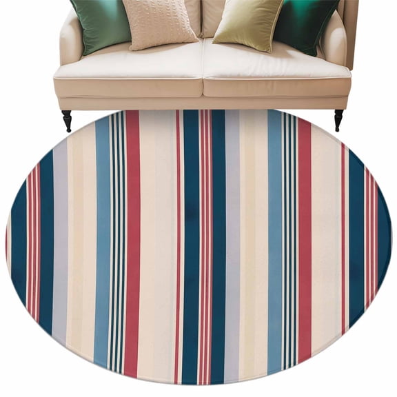 Round Rugs 8 Ft, Blue Red Striped Non Slip Area Rugs for Kitchen Bedroom Entryway, Modern Stripes Art Farmhouse Washable Carpet Runner Rug Floor Mats for Bedroom Home Decor