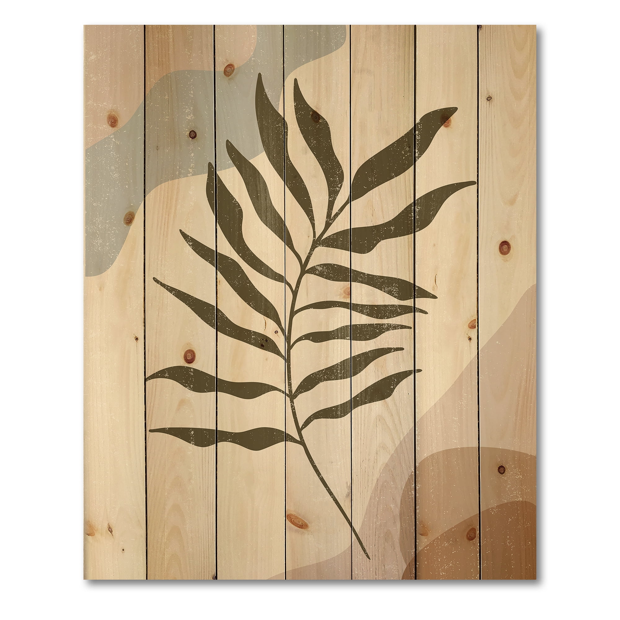 Designart 'Abstract Botanical Minimalist Leaf In Earth Tones I' Modern Print on Natural Pine Wood