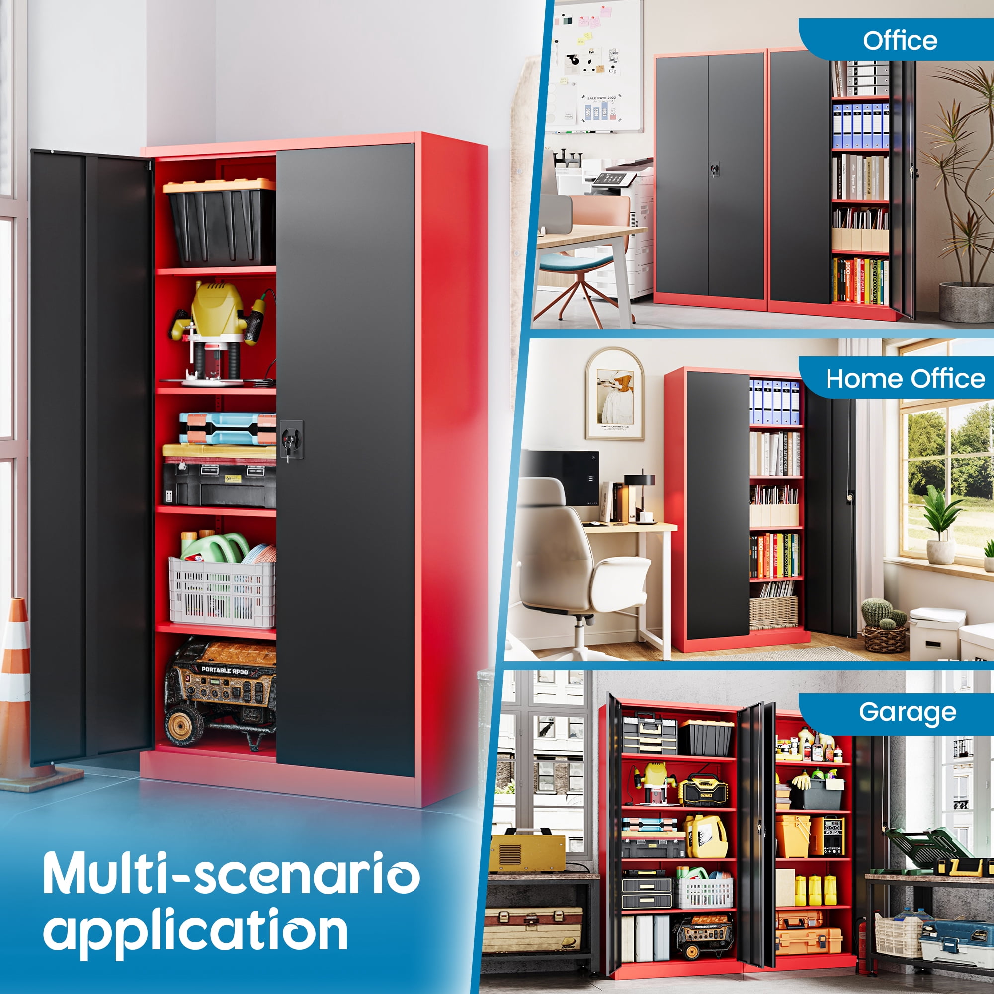 Fesbos Metal Storage Cabinet with Locking Doors, Red Black Garage Lockable Steel Cabinets with 2 Doors and 4 Shelves for Home, Garage, Pantry Workshop Warehouse