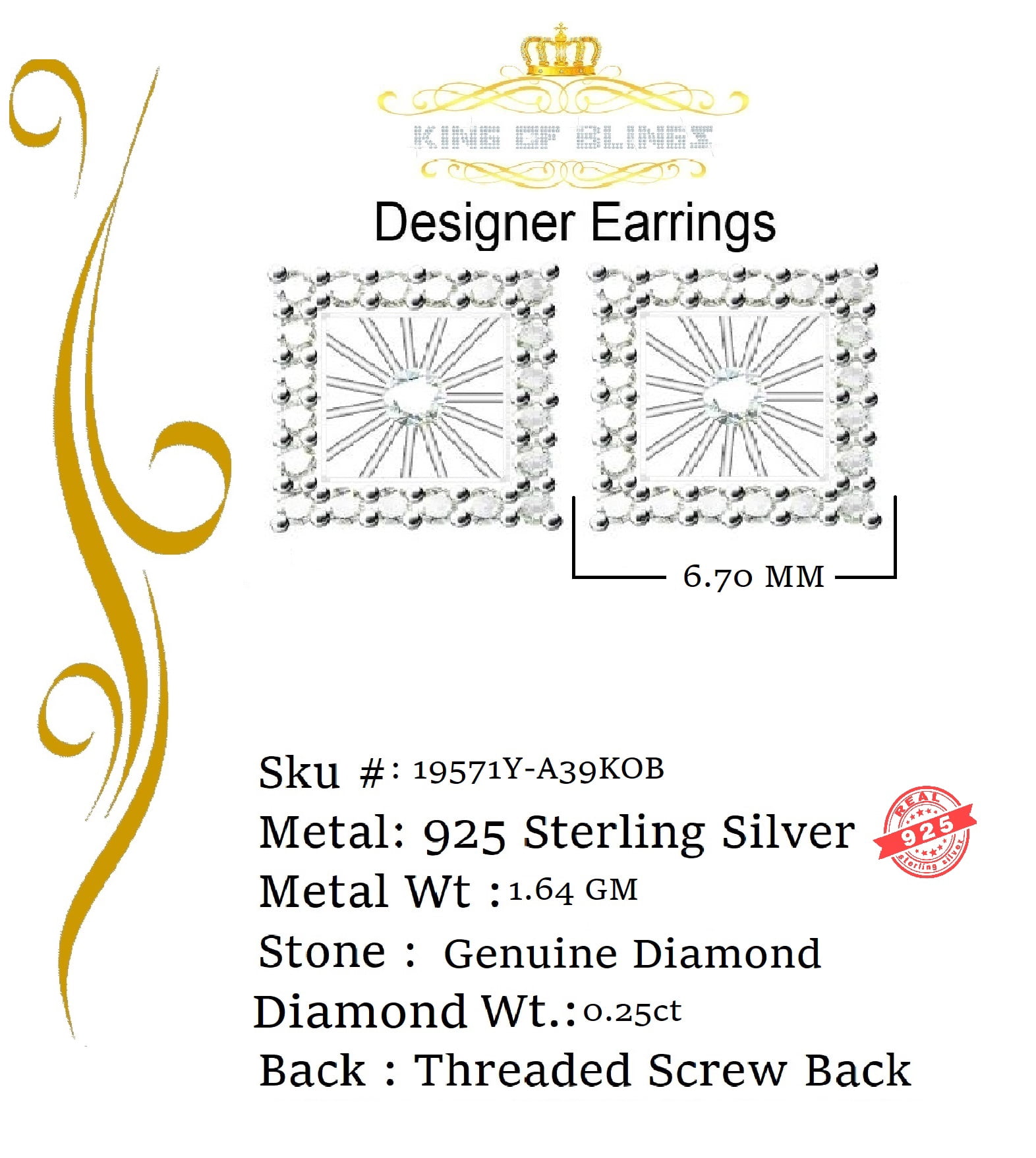 King of Bling's Aretes Para Hombre 925 Yellow Silver 0.25ct Diamond Women's/ Men's Stud Earrings
