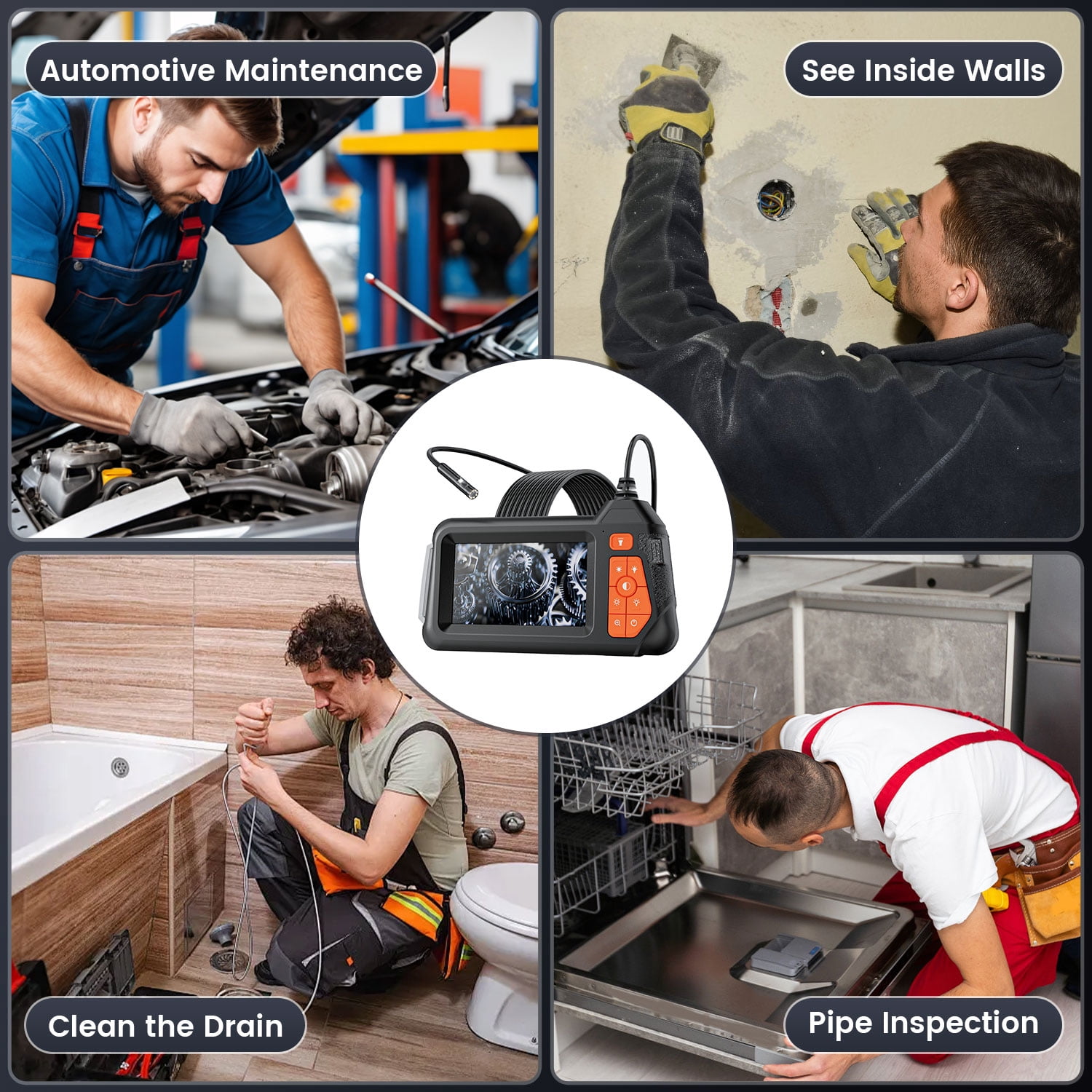 Askmuse HD 1080P Endoscope Camera with Light, 4.3" LCD Screen Borescope Inspection Camera, IP67 Drain Snake Camera, 16.5ft Industrial Borescope for Automotive, Plumbing, Sewer, 2600 mAh, Rechargeable