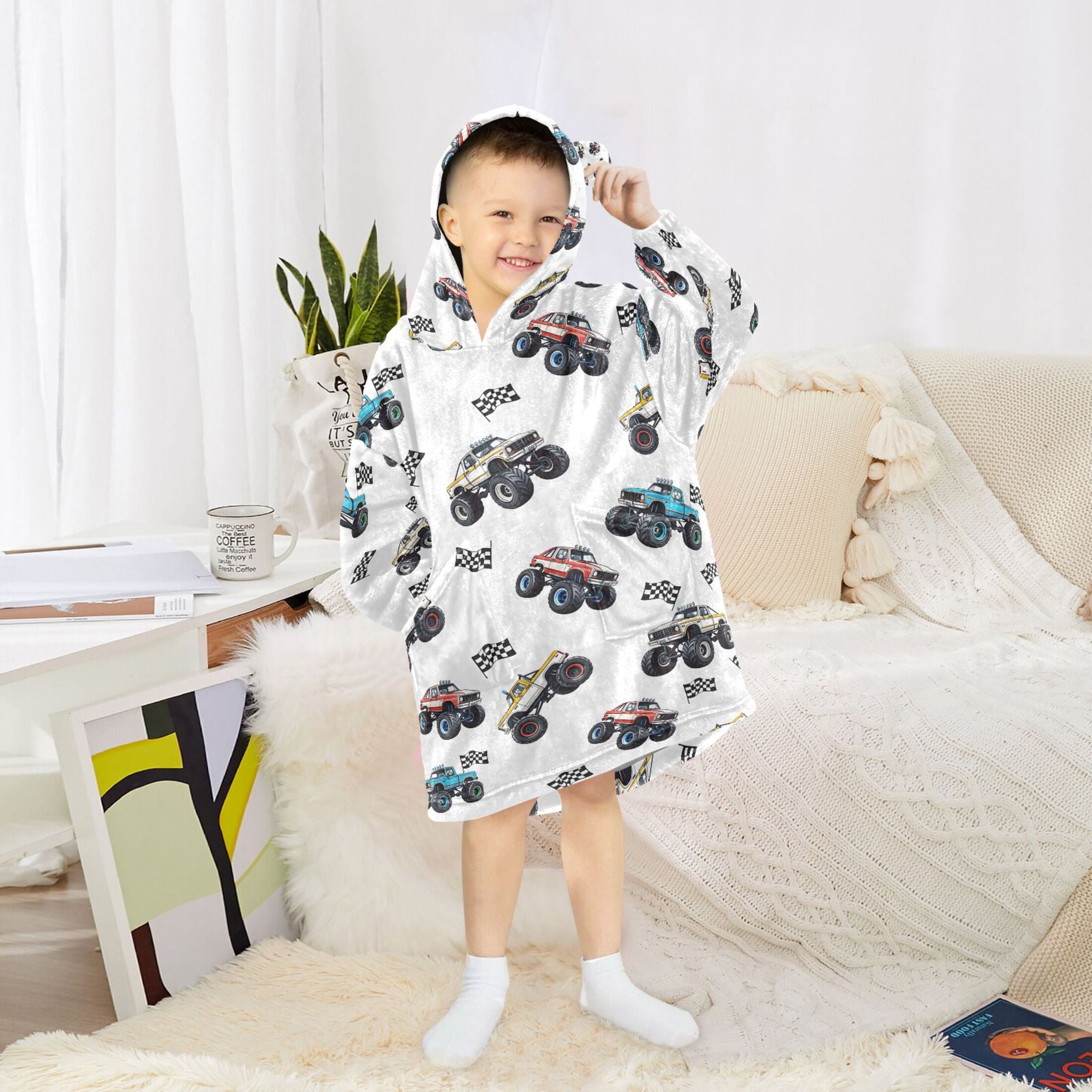joogoo Wearable Blanket Hoodie for Car Trucks Cartoon Checkered Flag Flannel Sherpa Pocket 3-14 YR S
