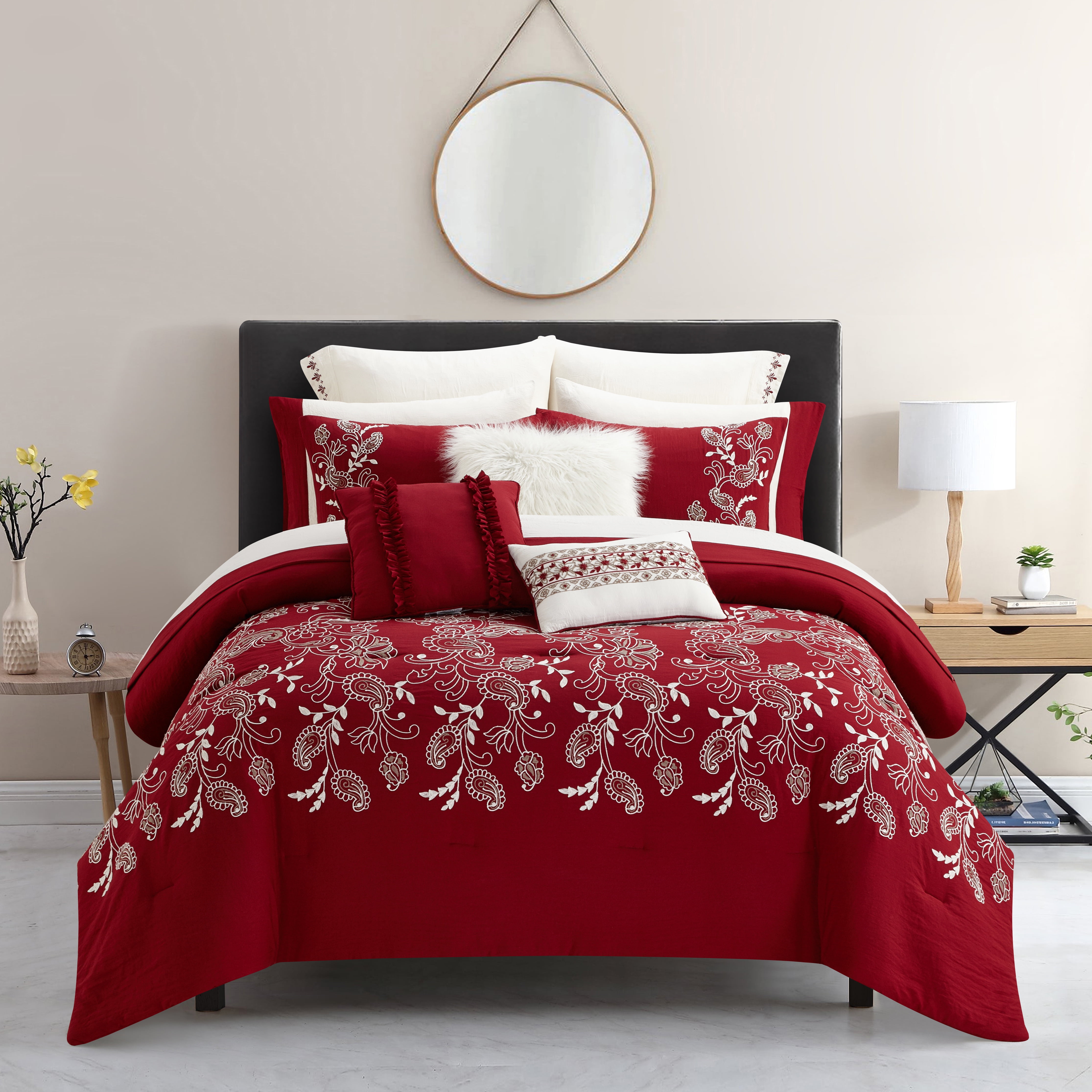 Full Queen Cal King Bed Burgundy Red Floral 3 pc Quilt Set Bedspread Coverlet 