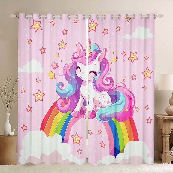 Homewish Girly Pink Unicorn Black Out Curtains for Kids, Kawaii Stars Rainbow Cloud Curtains Pack of 2 (42x63 Each), Cartoon Animal Bedroom Curtains, Curtains and Drapes Decor
