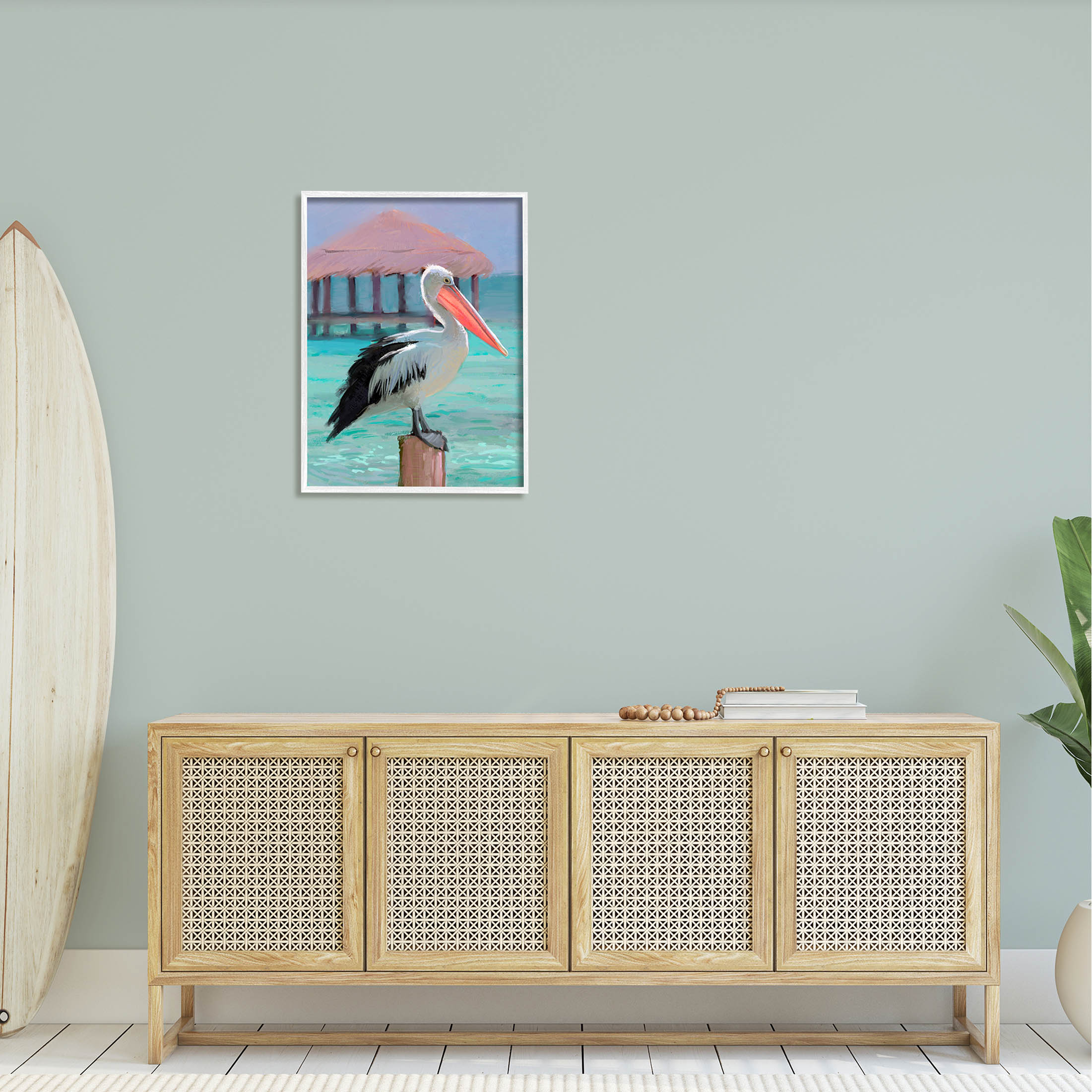 Stupell Industries Tropical Perched Pelican Painting White Framed Art Print Wall Art, Design by Ziwei Li