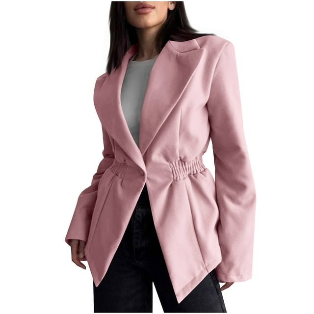 Long Jacket for Women, Pleated Waist Buttoned Loose Suit Jacket