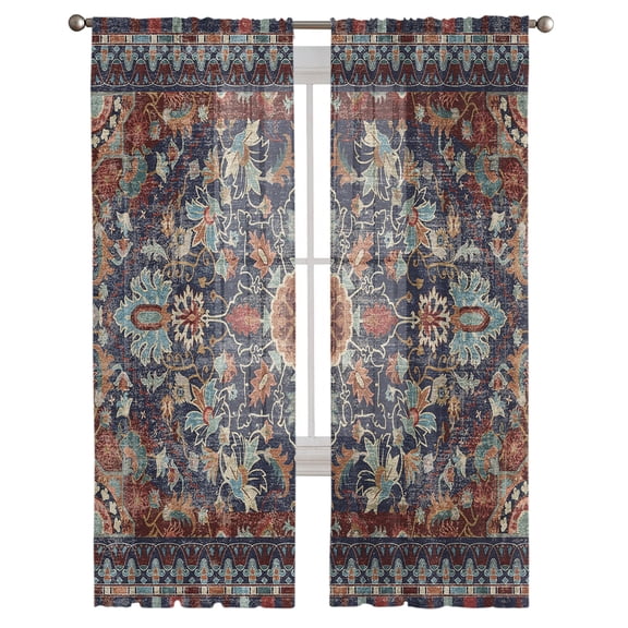 Retro Boho Semi Sheer Curtains 108 Inch Length 2 Panels Set, Rustic Flowers Modern Geometric Abstract Art Sheer Kitchen Curtain Privacy Voile Window Curtain for Living Room Bedroom Rod Pocket Drapes