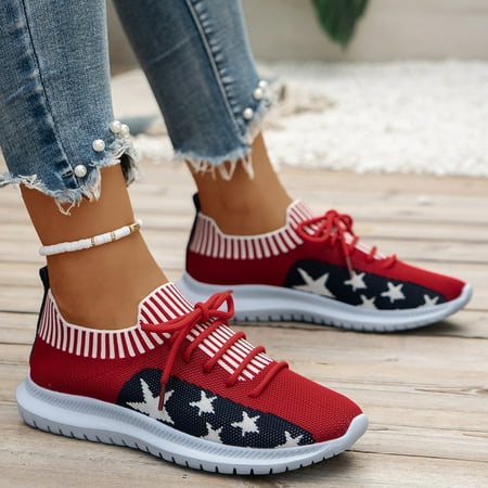 

SHYWJJ Ladies Fashion Breathable Star Printed Mesh Lace Up Flat Casual Sports Shoes Easy Put Shoes