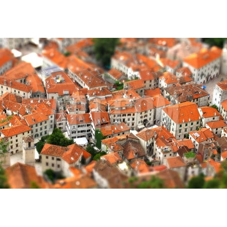 Tilt-Shift Miniature Effect of Bird Eye View of Buildings in Kotor Old Town, Montenegro Print Wall Art By