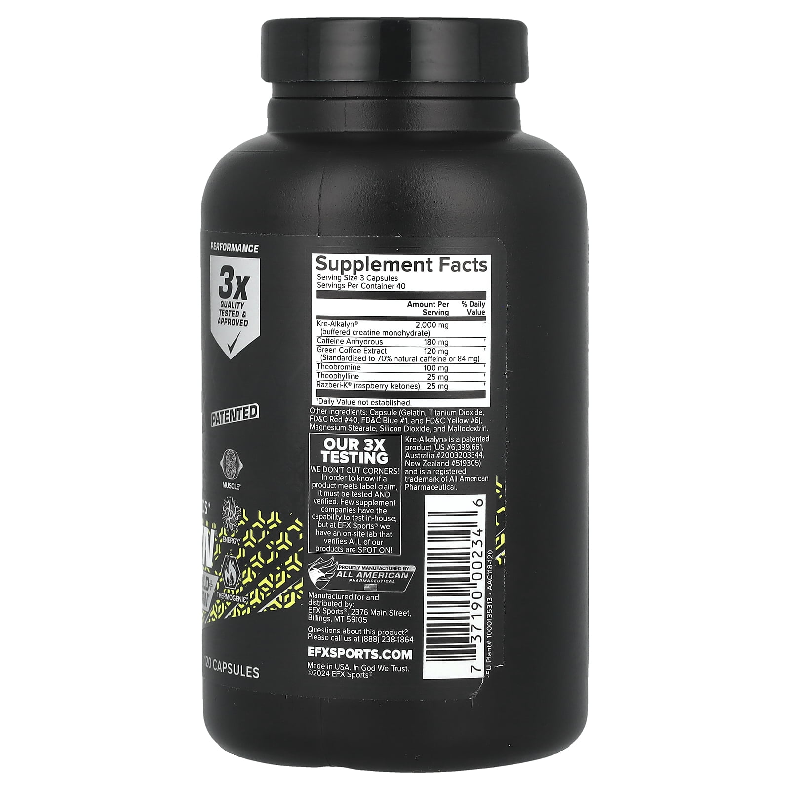 All American EFX Kre-Alkalyn Hard Core Pre Workout Capsules, 120 Ct