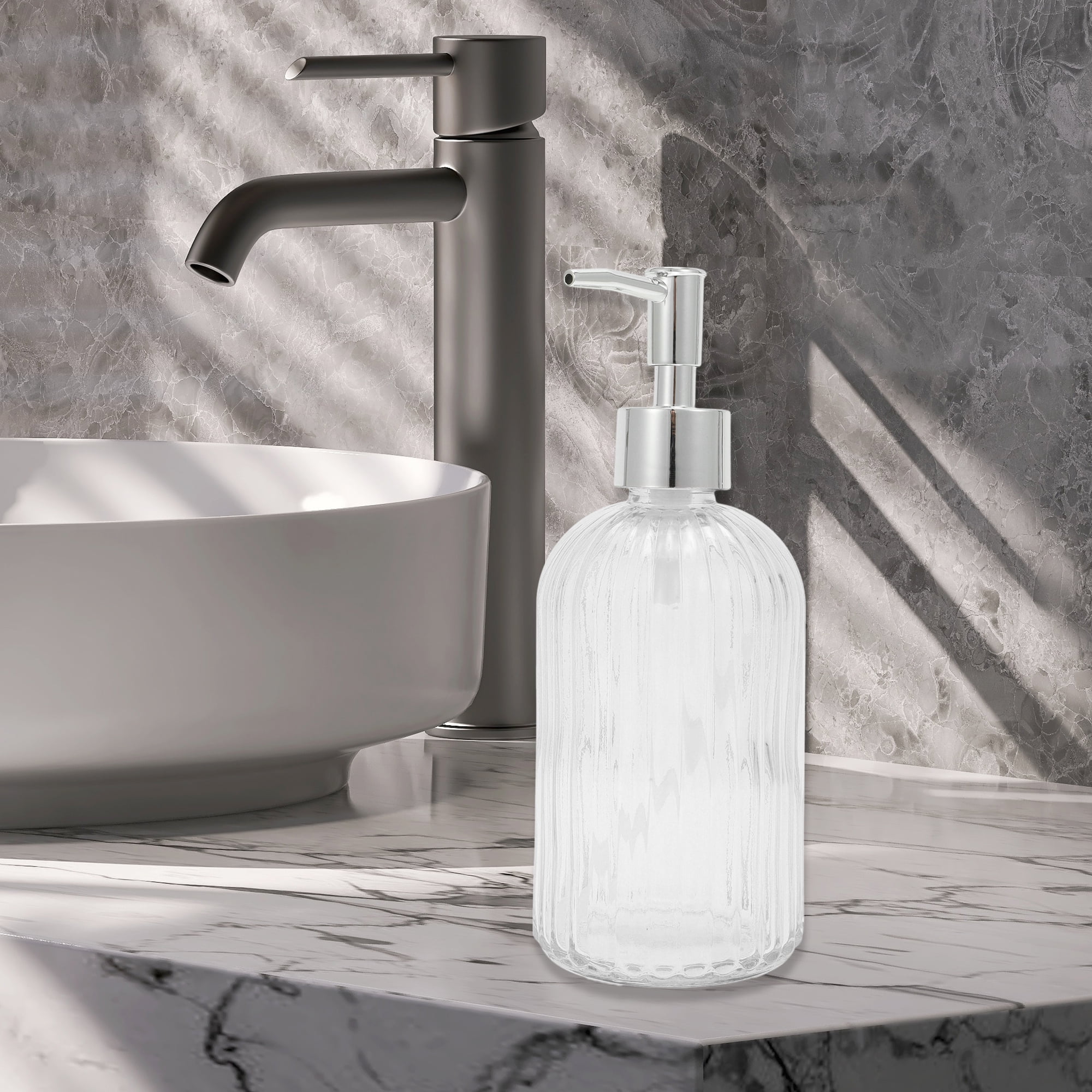 Unique Bargains Convenient Vertical Stripe Soap Dispenser 13.53oz 1 Pc Clear Silver