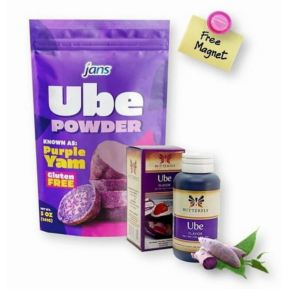 Combo Set Jans Ube Purple Yam Powder 5 oz. & Butterfly Ube Purple Yam Flavoring Extract 2 oz. with Mini Refrigerator Magnet (3-Pc Set)