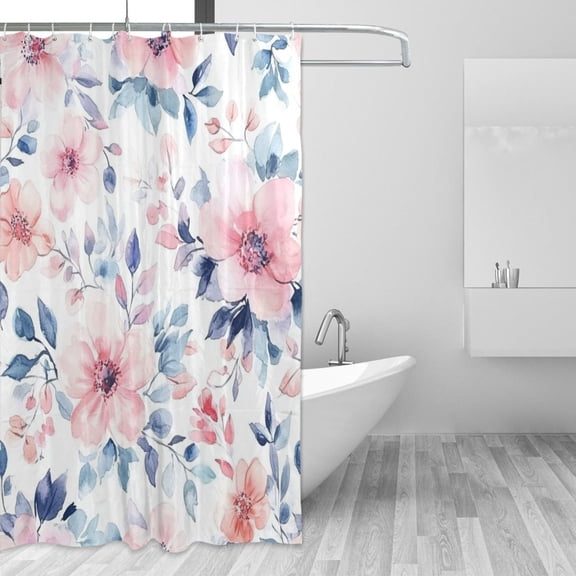 Sweet Floral Leaves Watercolor Soft Pastel Shower Curtains with 12 Hooks Waterproof Bathroom Decor 66" x 72"