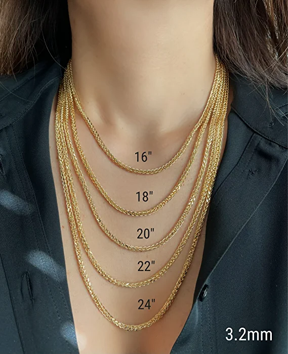 Jewelheart 10K Real Gold Square Wheat Spiga Chain 1.7mm 2.2mm 2.6mm 3.2mm Diamond Cut Braided Foxtail Necklace For Men Women
