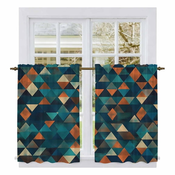 Teal Orange Abstract Art Tier Curtains, Geometric Modern Art Light Filtering Kitchen Curtains, 2Pcs Rod Pocket Half Window Treatments Panels for Sink Cafe Cabinet Basement 27.5x45 Inches