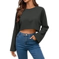 thumbnail image 4 of Craaazy Women's Loose Solid-Color Long-Sleeved Crew Neck Comfy Cropped Sweatshirts Gifts, 4 of 9