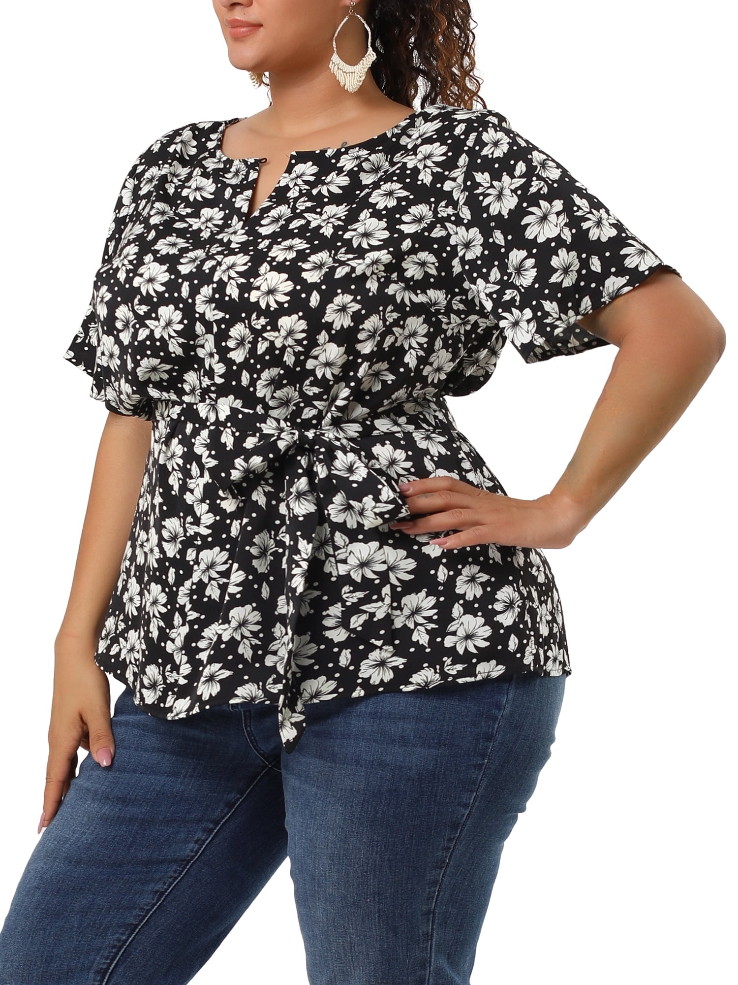 Unique Bargains Women's Plus Size Summer Ruffle Short Sleeve Tops Chiffon Floral Blouse 1X Black