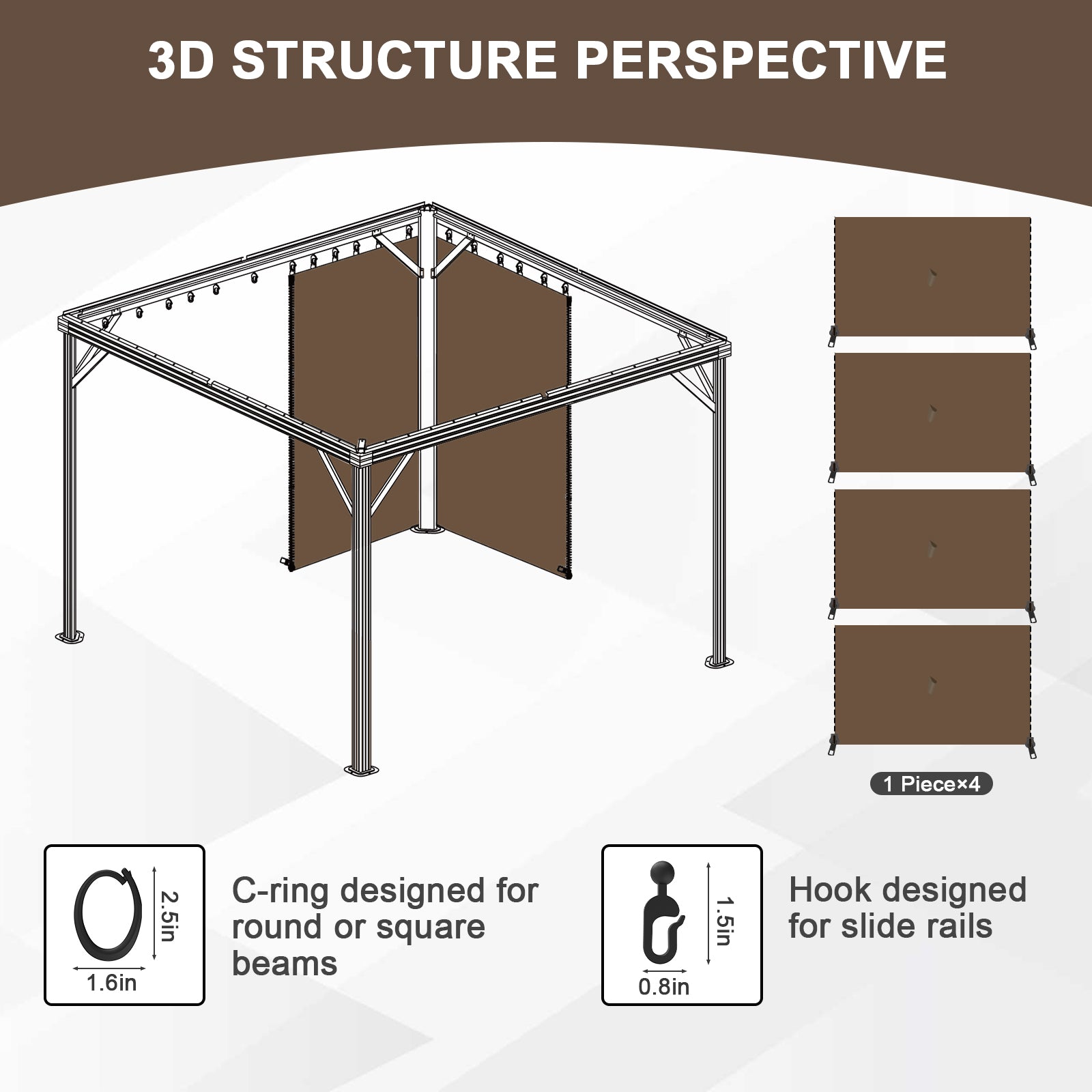 Aoodor 12' x 16' Gazebo Curtain Set Protecting Privacy Side Walls 4 Panels, Curtain Only - Brown